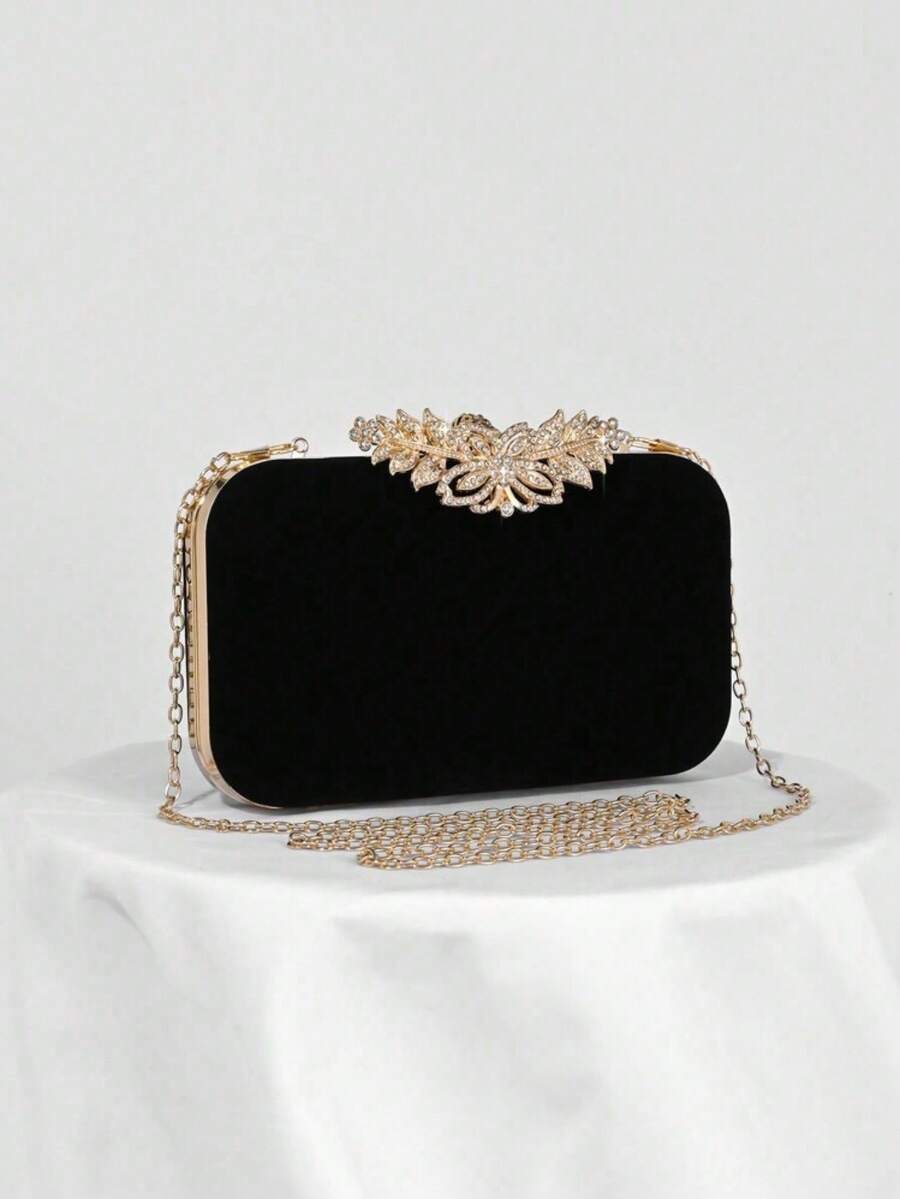 Fashionable Women's Shiny Diamond Flap Box Clutch Bag, Crystal Party Purse, Wedding Bride Wallet, Prom Bag, Black Velvet Bride Shoulder Bag With Chain - Black - View 1