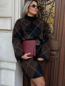 Elegant Women Vintage Rhombus Pattern Skirt Set, Suitable For Autumn/Winter - 棕色 - 查看 2