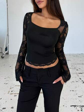 性感时尚方领蕾丝拼接透视长袖T恤上衣，春夏新品，女士长袖衬衫