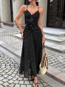 Unadoll 女士夏季露背波点吊带连衣裙，性感优雅，适合约会、度假、情人节、生日和旅行穿着 - 黑色 - 查看 1