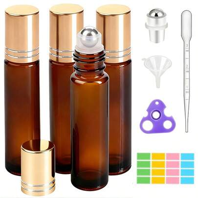 9件套 10毫升精油滚珠瓶 - 可重复灌装，防漏琥珀色空玻璃瓶，配不锈钢滚珠和金属盖，适用于旅行、DIY香水、芳香疗法、面部按摩 - 深色防紫外线玻璃，便携式护肤和化妆品补充套装（4个瓶子/滴管/不锈钢滚珠/开瓶器/漏斗/贴纸）