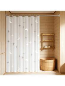 1pc White Star & Moon Bathroom Shower Curtain, Waterproof Mildew-Proof Shower Divider Curtain, Bathroom Hanging Curtain, Home Bathroom Shielding Curtain, Nordic Ins Style Bathroom Decor Curtain, Star & Moon Design Shower Curtain - Black and White - View 6