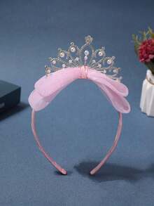 1pc Girls Fairy-Like Headband With Bowknot & Rhinestone Crown, Princess Headpiece - Pink - View 3