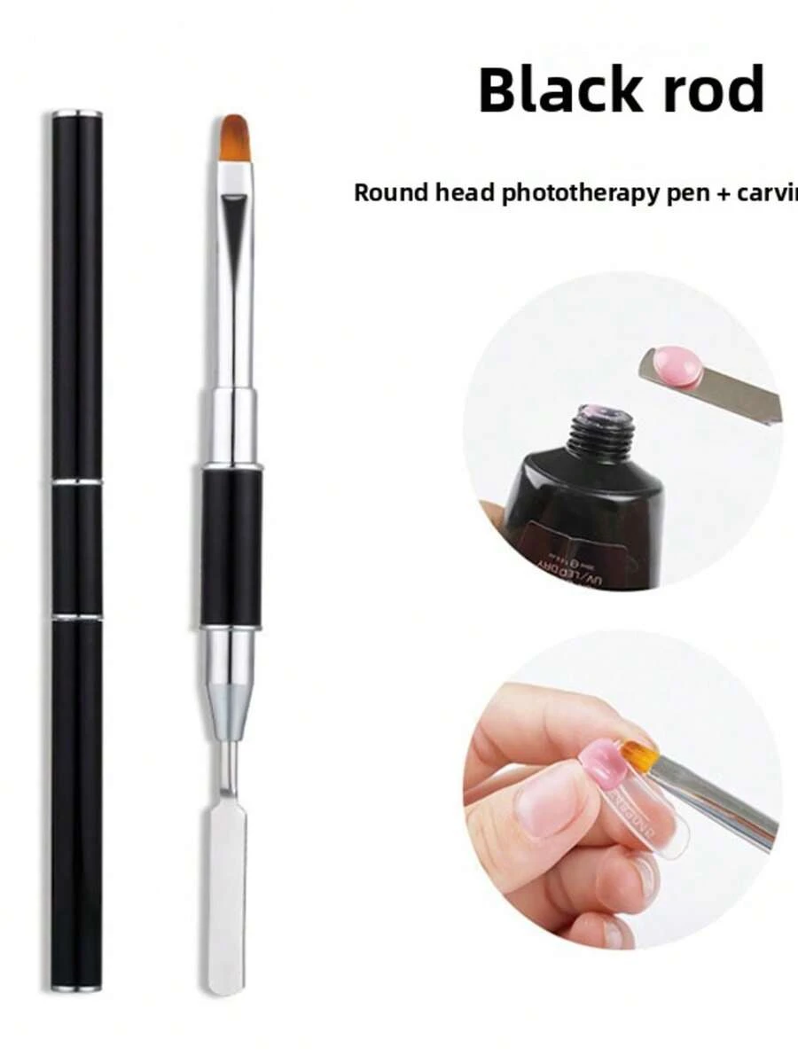 双头美甲凝胶刷，黑粉色，二合一设计，UV凝胶刷/刮刀，亚克力美甲延长胶美甲工具，美甲双头多功能胶笔，快速延长胶笔，钢推光疗笔，水晶笔，胶压花棒，1支双头美甲工具 - 彩色 - 查看 1