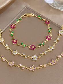 1 Pulsera Ajustable Delicada Con Cadena Y Flor De Cerezo Bañada En Oro 18K Con Circonita Rosa Estilo Bohemio Para Mujer, Ideal Para Uso Diario, Bodas, Citas, Aniversarios, Cumpleaños, Navid - 1 unidad - Edición Diamante Blanco - Ver 4