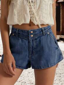 Women's Loose-Fit Denim Shorts, Elegant Double-Breasted Design, Summer Mini Shorts, Suitable For Beach And Everyday Wear - Màu xanh lam - Xem 5