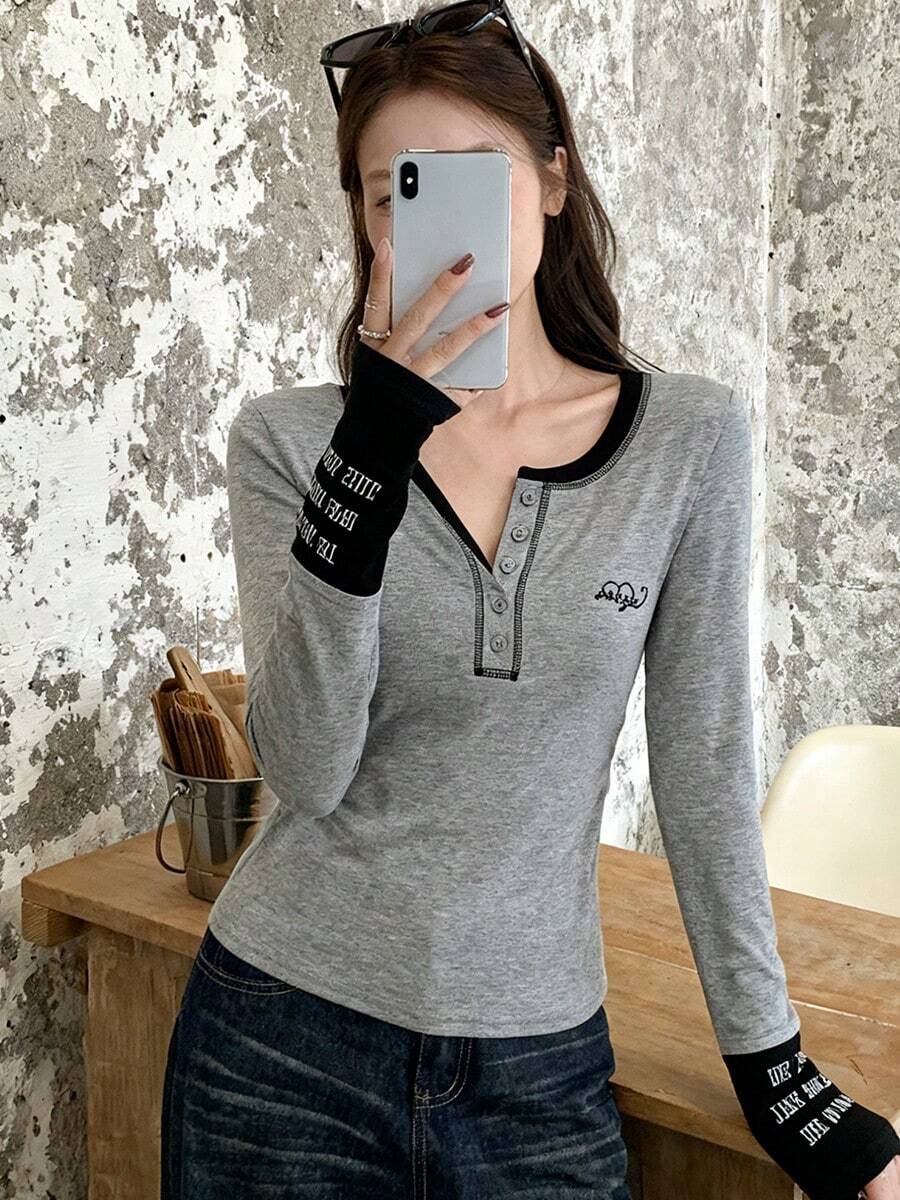 Contrast Color Letter Inlay Contrast Trim Casual School Long Sleeve Top