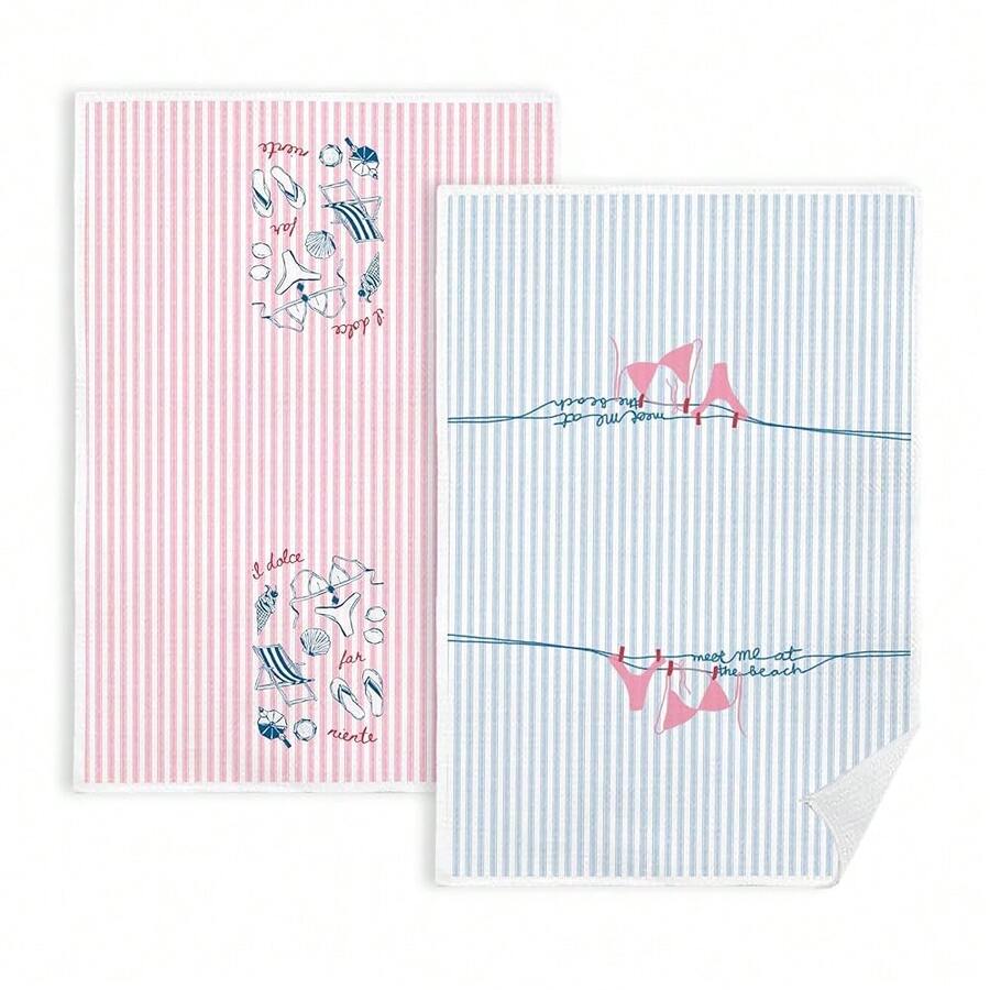 Blue And Pink Striped Summer Kitchen Towels Set Of 2, Preppy Coastal Beach Dish Tea Towels For Kitchen Decor, Meet Me At The Beach Decorative Hand Towels For Bathroom, 16x24 Inch - Khăn tắm biển mùa hè màu xanh dương - Xem 1