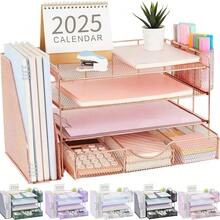 Gianotter Desk Organizers And Accessories With File Holder, 4-Tier Desk Accessories & Workspace Organizers With Drawer And 2 Pen Holder, Paper Organizer For Office Supplies (Rose Gold) - 玫瑰金色 - 查看 1