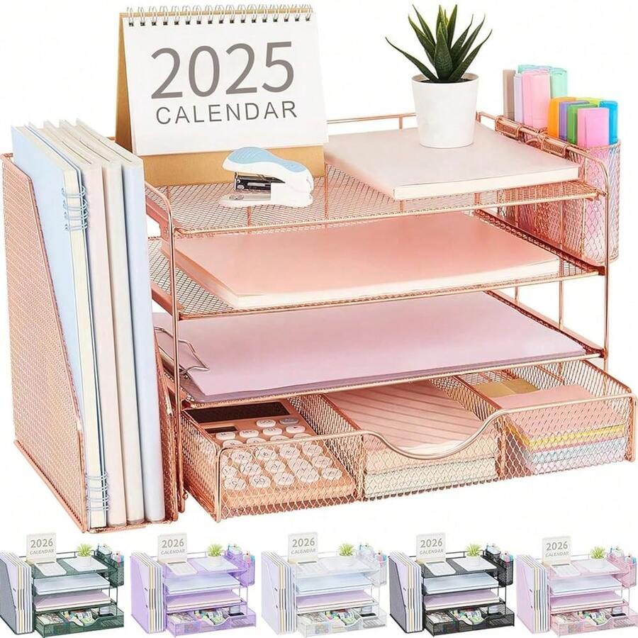 Gianotter Desk Organizers And Accessories With File Holder, 4-Tier Desk Accessories & Workspace Organizers With Drawer And 2 Pen Holder, Paper Organizer For Office Supplies (Rose Gold) - 玫瑰金色 - 查看 1