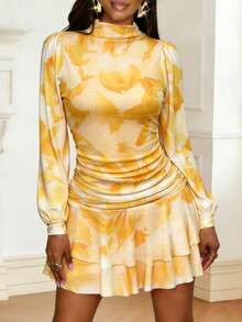 春季新款优雅休闲情人节黄白渐变印花网纱连衣裙：高领泡泡袖+褶皱腰身+层叠迷你裙摆，荷叶边下摆，适合夜间约会、聚会、派对、情人节及其他外出场合。
