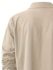 男士纯色宽松休闲衬衫，带口袋，长袖，秋季