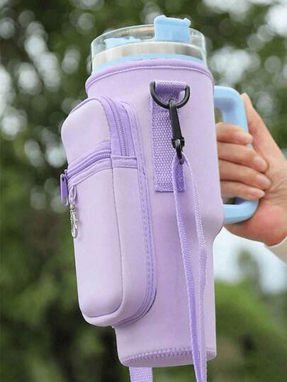 1 pieza Bolsa portadora de botella de agua portátil con bolsillo para teléfono, se ajusta a botellas de agua de 40 onzas (aproximadamente 1134.0 ml) /Maeky, con asa, correa para el hombro ajustable, compatible con accesorios de taza .