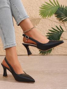 Ein Paar der neuesten Sommer High-Heel Sandalen für Teenager mit spitzem Metallschnallenverschluss - Schwarzes Design, eine ausgezeichnete Wahl für tägliche Ausflüge, Einkaufen in Einkaufszentren und Partyveranstaltungen, modisch, lässig und bequem - Schwarz - Übersicht 2
