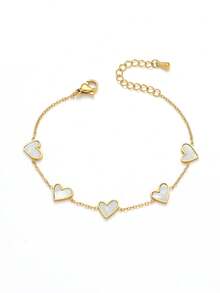 精致白色珍珠母贝心形手链，小巧精致的链条设计，温柔少女风配饰 - 彩色 - 查看 4