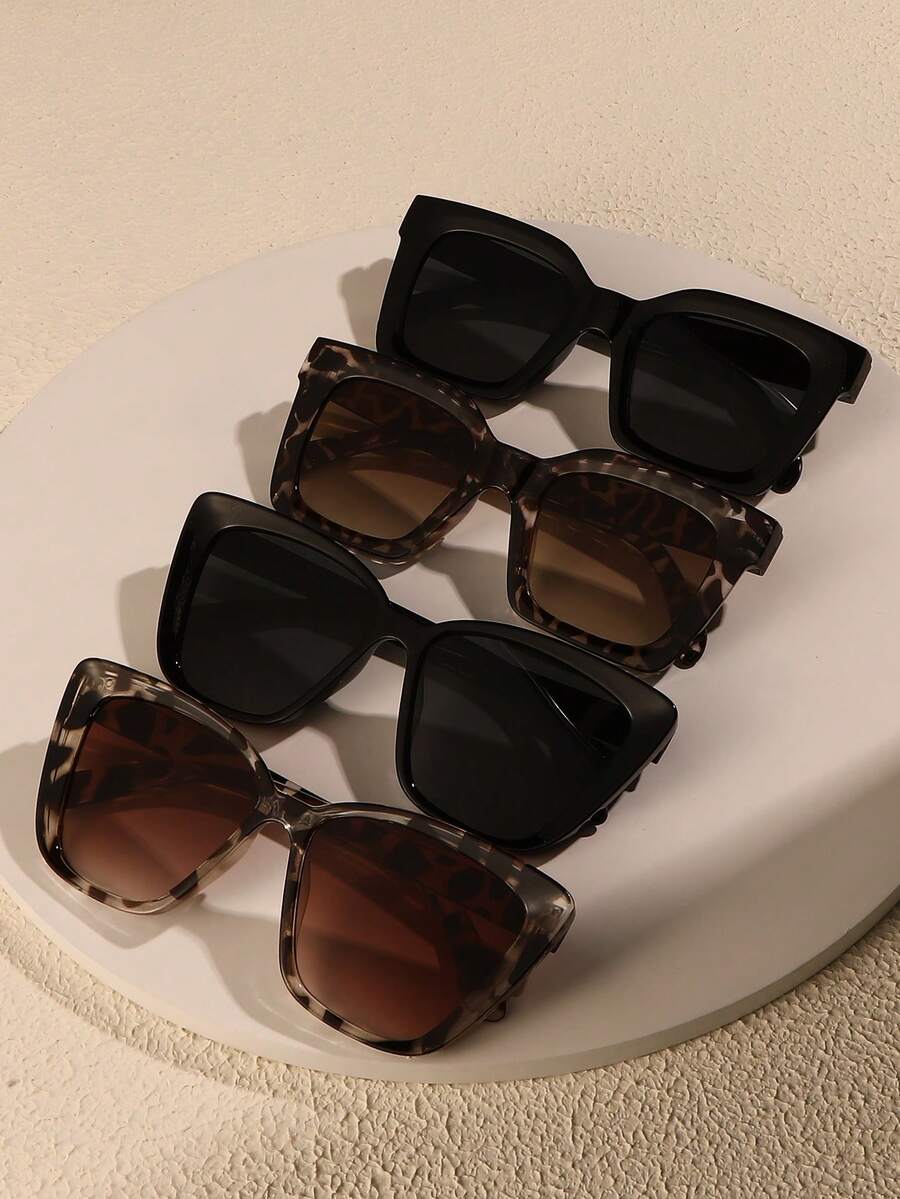 4pcs Vintage Rectangular Large Frame Eyeglasses Set, Fashion Eyewear Combo For Women, Suitable For Summer Beach Travel Party, Daily Wear Gift - Multicolor - View 1