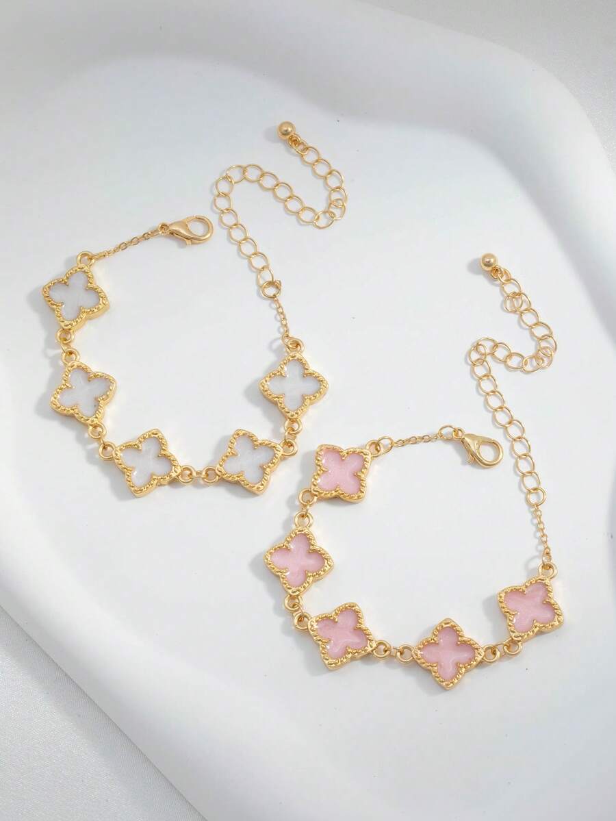 2条三叶草花朵镂空设计手链，甜美可爱，适合女孩佩戴 - 彩色 - 查看 1