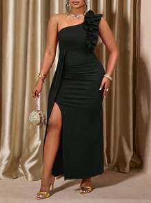 Voworia Plus Size Women's Solid Color Asymmetric Shoulder Ruffle Pleated Design Sleeveless Elegant Split Maxi Dress, Suitable For Party, Date, Singles Party, Formal Dinner Or Grand Events - Black - View 1