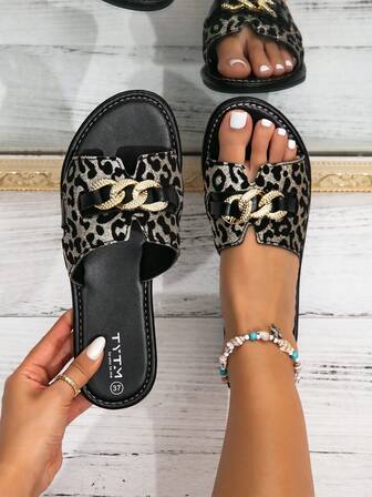 Women's New Fashion Cute Leopard Print Slip-On Flat Sandals With Metal Buckle Decor, Handmade, Suitable For Vacation, Party, Beach, Casual Wear