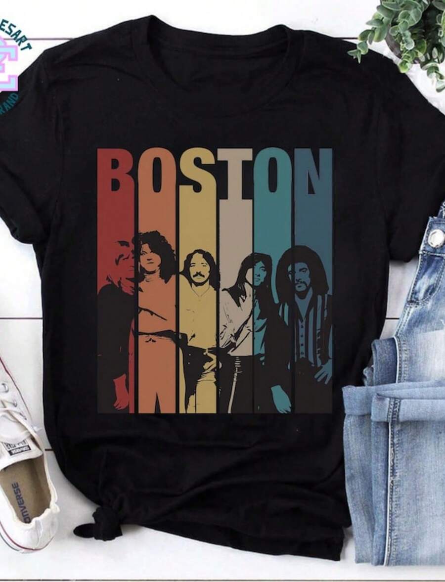 Boston Band Retro Vintage Shirt, Music Band Vintage Shirt, Boston Rock Band Lover Tee, Boston Band L - Negro - Ver 1