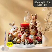 2D 波西米亚风亚克力复活节蜡烛装饰，饰有兔子和春季花卉图案 - 柔和色彩（粉色、金色、白色、红色、绿色） - 家居桌面中心装饰、复活节餐桌装饰、春季餐桌布置 - 无需电池/易于清洁