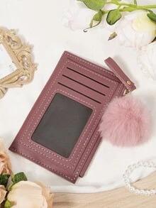 With A Pom-Pom Charm,Deep Pink Card Holder Ultra-Thin, Lightweight,Portable Cash,Id Card,Credit Card,Coin Pocket Wallet,Fashionable Zipper Coin Wallet,High-Quality Credit Card Storage Bag,Simple And Casual Multi Card Clip,Perfect For Outdoor Activities,Travel,And Returning To School - Dusty Pink - View 6