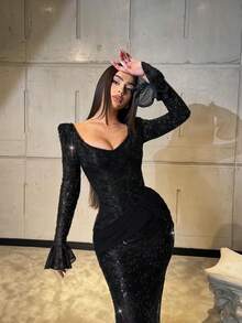 优雅女士黑色亮片心形领连衣裙，喇叭长袖和鱼尾裙摆，打造迷人晚礼服造型，适合春季婚礼穿着。 - 黑色 - 查看 5