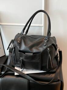 时尚前卫大容量女士手提包，PU皮革材质 - 黑色 - 查看 6