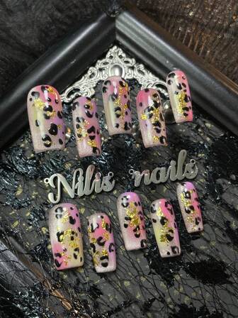 10pcs Square Nail Acrylic Kit,Pink Cat Eye Nail Art,Pink&Yellow&Purple Tie Dyeing,Hand Drawn Leopard Pattern Design Full Cover Press On Nail,Y2K Style Nail Art Set,Suitable For Women And Girls For Parties&Parties&Ceremonies And Daily Use(Includes:A Piece Of Jelly Glue And A Friction Strip) Nail Supplies