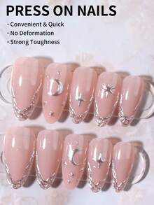 24片手工长杏仁形3D凝胶美甲贴纸，打造银色、月亮和星星图案美甲，银色法式美甲贴片，杏仁形，完美适配亚克力假指甲套装，包含：1瓶果冻胶和1把指甲锉。银色法式杏仁形美甲贴片让您的指尖闪耀动人，非常适合派对、舞蹈和日常使用。美甲用品 - 銀色 - 查看 3