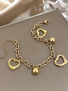 1Pc 18K Gold Plated Sweet Heart & Bead Charms Adjustable Chain Bracelet, Women's Luxury Elegant Jewelry, For Valentines, Party, Gala, Daily, Dating, Mardi Gras, New Years, Wedding, Beach, Christmas Anniversary, Elegant Mom Gift Boho Jewelry Birthday Bridesmaid Gift - Multicolor - View 4