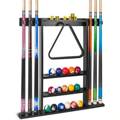 Pool Stick Holder, Wall Mount Pool Cue Rack, Solid Wood Floor Stand Billiard Cue Sticks, Holds 6 Pool Cues A Full Set Of Balls, Professional Pool Table Accessories Billiard Room Or Clubu2026