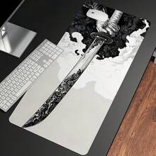 1pc Anime Japanese Samurai Sword Mouse Pad, Black And White Color, Large Desk Mat, Stitched Edge, Non-Slip Rubber Base, Suitable For Home Office, Size Options, Can Be Given As Christmas, Halloween Gift For Women, Girlfriend, Male Friends