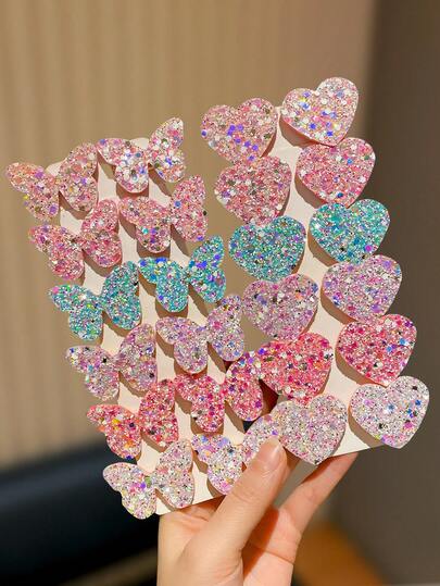 12 piezas de Clips para el cabello con corazones, mariposas y coronas brillantes con lentejuelas - ¡Estilo dulce de niña con un toque de elegancia!