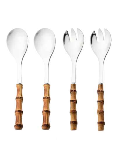 2pcs Long Handle Spoon & Fork Set, Bamboo & Wood Handle Salad Fork, Stainless Steel Cutlery Tableware Set