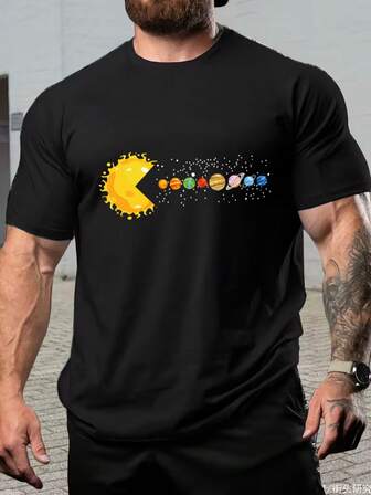 Camiseta de manga corta casual y holgada con estampado gráfico espacial divertido para hombres de talla grande