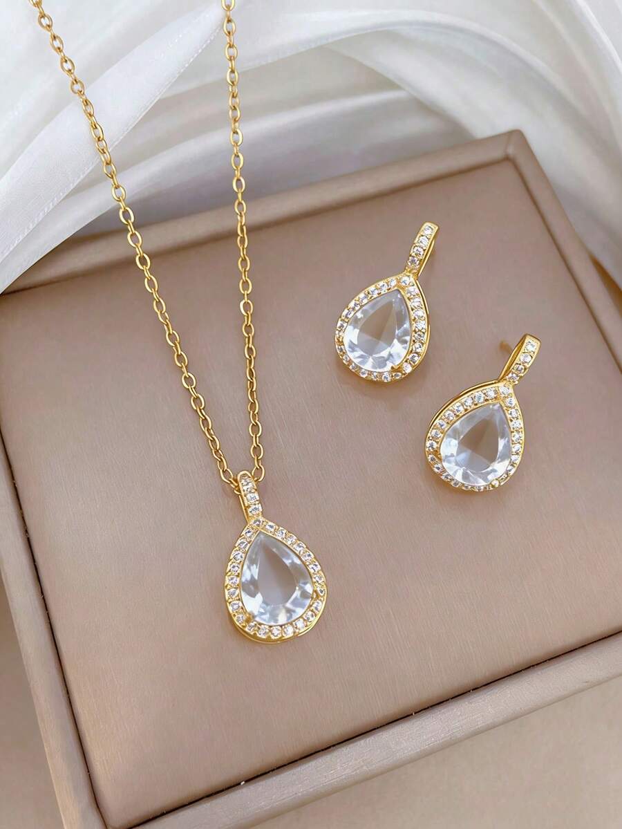 Bộ 1 dây chuyền và bông tai hình giọt nước màu trắng đính đá Cubic Zirconia tinh tế, thiết kế cổ điển sang trọng, bộ trang sức cao cấp phù hợp cho phụ nữ, dự tiệc, liên hoan, đeo hàng ngày và các lễ hội. - trắng - Xem 1