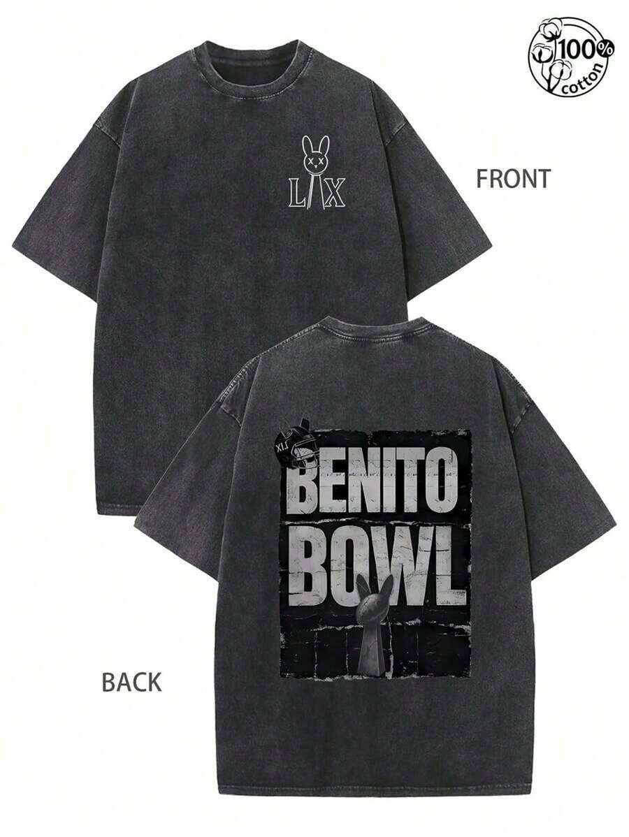 Bunny Bowl Double-Sided Printed T-Shirt, Here For The Benito Bowl Show; Bowl Bunny LX Shirt, Puerto Rico Music Gift, Here For The Benito Bowl Unisex Tee,230G Washed High-Quality Cotton Printed T-Shirt, Men Clothes,BadBunny Fans Need This Shirt For 2026 Benito Bowl, Men's And Women's T-Shirts, Streetwear - 黑色 - 查看 1