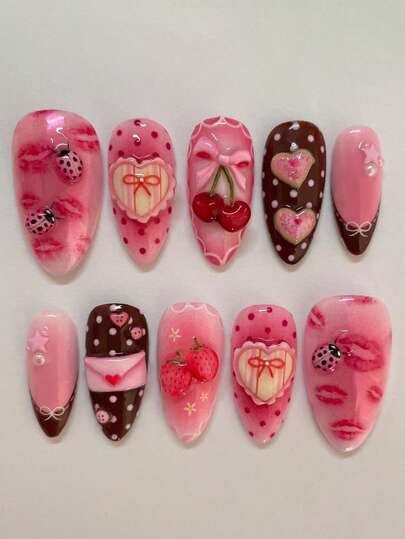 情人节红唇亚克力美甲贴片 10 片装 可爱中号杏仁形按压式美甲贴片，DIY 艺术爱心/嘴唇/蝴蝶结/樱桃/瓢虫/信封装饰假指甲套装，适用于美甲沙龙、女性日常佩戴、节日派对和送礼美甲用品