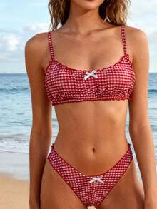 Women's Summer Solid Color Yellow Bikini Set Two Piece Swimsuit Adjustable Strap Beach Swimwear - Red - View 2