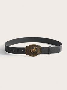 1pc Unisex Vintage Western Cowboy Style Bronze Horse Buckle Floral Embossed Fashion Versatile Accessory, Suitable For Jeans, Dresses, All Seasons - Black Retro Western Wild Horse Buckle - View 2