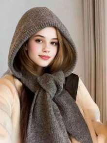 1件装女士纯色抓绒针织连帽围巾，新款时尚针织帽围巾套装，多功能休闲冬季保暖帽，适合日常、滑雪、徒步旅行、度假等场合。 - 彩色 - 查看 4