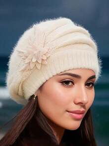 1顶花卉装饰条纹宽松针织帽，纯色时尚针织帽，弹性针织帽，保暖贝雷帽，适合女性日常佩戴，秋冬季节。 - 彩色 - 查看 1