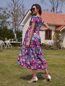 KUYIGO Women's Summer Long Dress, Casual Bohemian Style Floral Print V-Neck Short-Sleeved Pleated Ruffle Chiffon Beach Maxi Dress - Nhiều màu - Xem 2