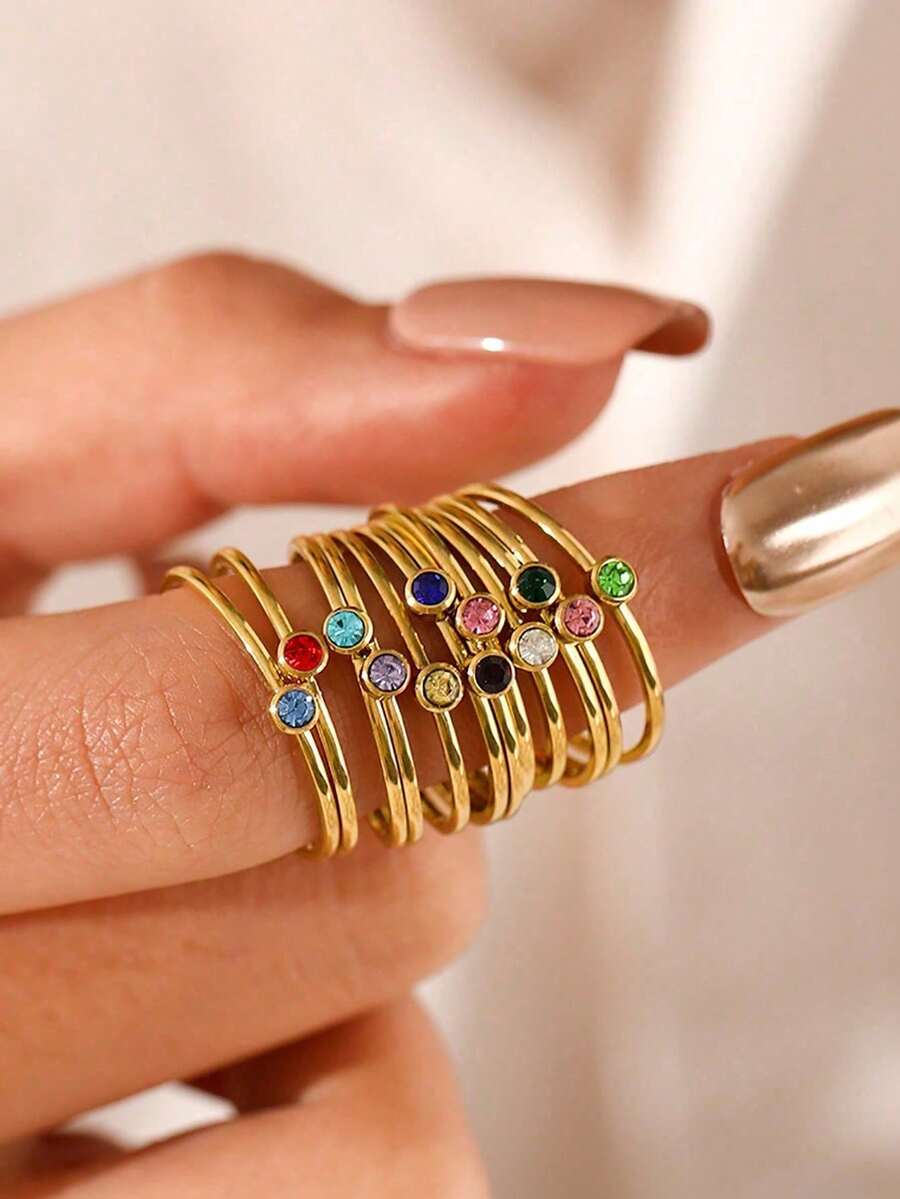 1pc Stainless Steel Fashionable Zodiac Rhinestone Ring, Suitable For Women's Daily Wear, Holiday Gift - Multicolor - View 1