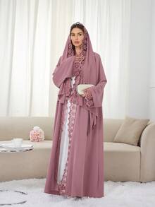 1 套头巾 + 开放式阿巴亚伊斯兰中长连衣裙，土耳其迪拜阿巴亚长袍带头巾，适合穆斯林女性日常穿着 - 彩色 - 查看 10