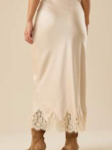 2026 Womens Lace Trim Long Satin Skirt Silk Elegant High Waist Cocktail Party Wedding Flowy A-Line Maxi Skirts - trắng - Xem 3