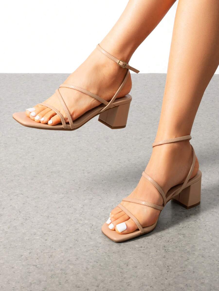 Womens Block Heels Thin Strap Square Open Toe Dressy Chunky Low Heeled Sandals For Party Wedding Evening - Màu be - Xem 1