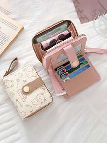 女士迷你钱包，可爱猫咪图案，小巧拉链零钱包，带多卡位和腕带 - 轻便易携，可装现金、身份证和硬币，大容量短款钱包，时尚可爱仿皮零钱包，适合日常使用、通勤上班，也是馈赠亲友的理想之选。