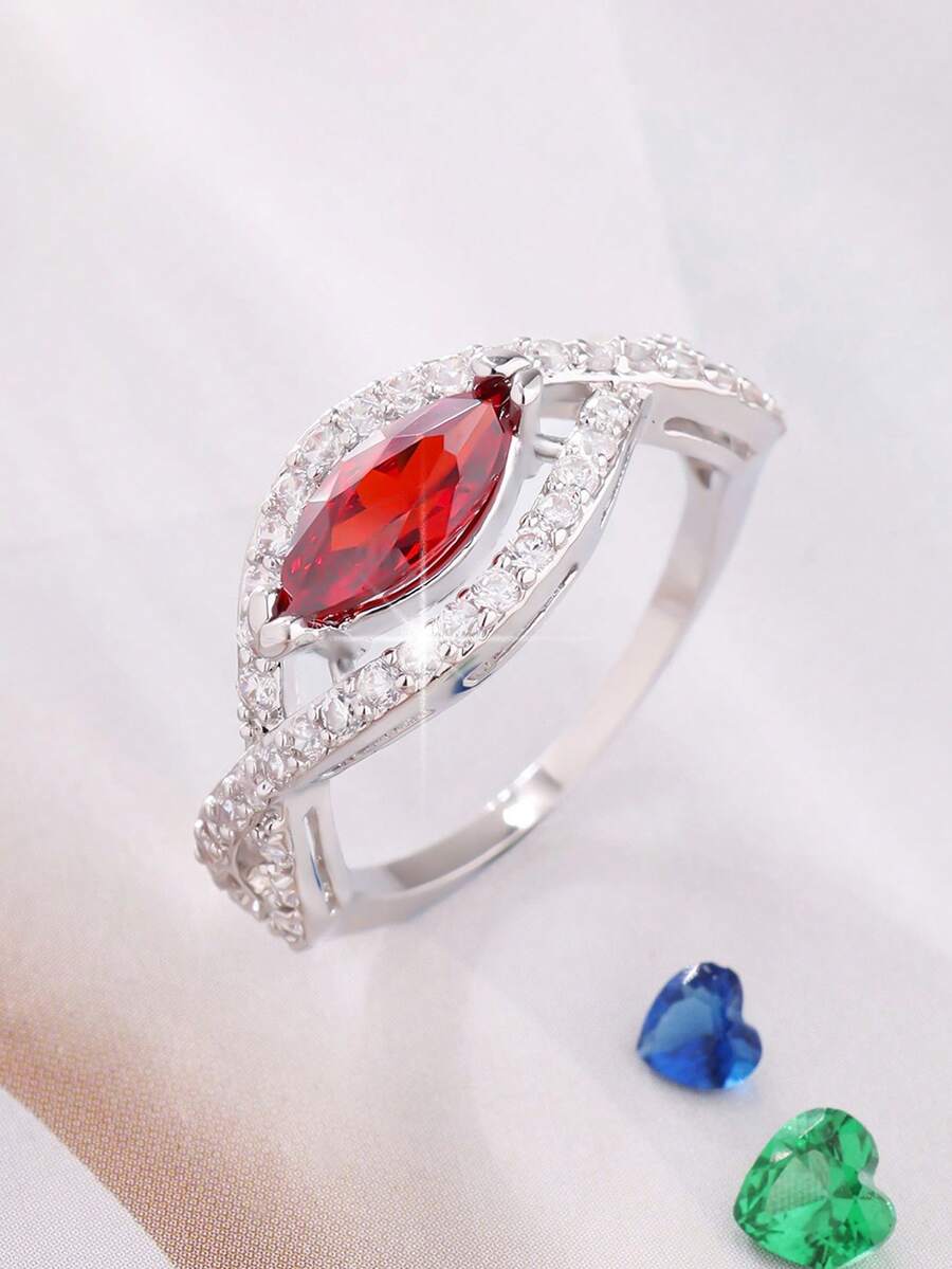 1pc Shiny Cubic Zirconia Horse Eye Shaped Women's Ring, Fashion Luxury Elegant Classic Generous Minimalist, Valentine's Day, Party, Wedding, Surprise Gift - Red - View 1